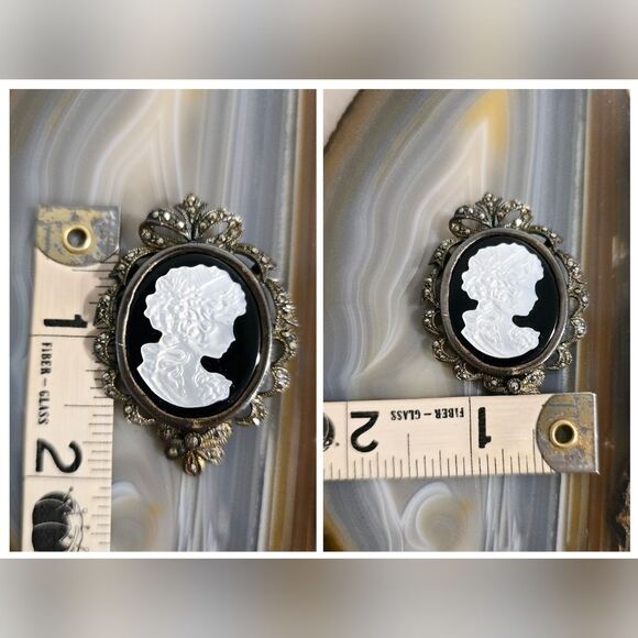 Sterling Silver 925 Cameo Brooch Pendant Mother Of Pearl Marcasite Onyx Vintage - Picture 7 of 7